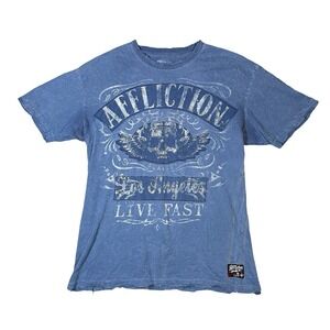 Affliction Shirt Mens XL Blue Grunge Cross Motorcycle Y2K Mall Goth Cyber Wings